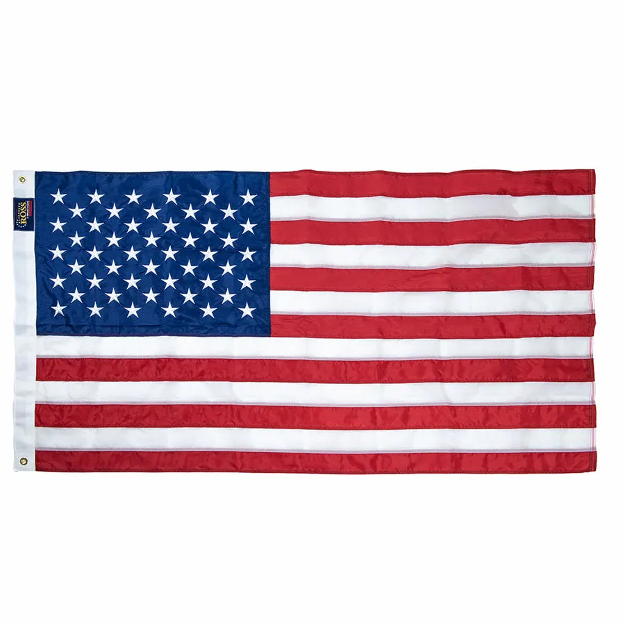 A folded American flag with embroidered stars and a blue Ross label, laid flat and photographed straight-on against a white background.