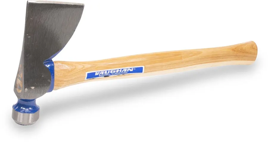 A Vaughan half-hatchet with a black-and-silver axe head and blue collar on a hickory handle, angled diagonally against a white background.