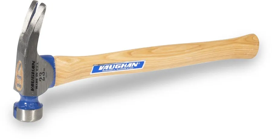 A Vaughan California Framer hammer with a blue head, milled face and light hickory handle bearing a Vaughan Bushnell Illinois label, angled against a white background.