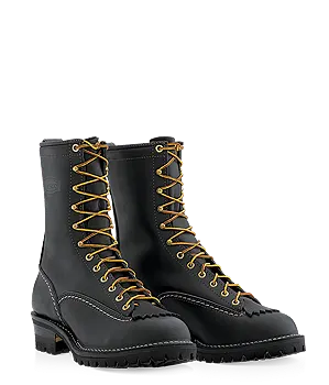 A pair of tall black leather lace-up work boots with a moc toe and gold-tone eyelets, photographed against a white background.