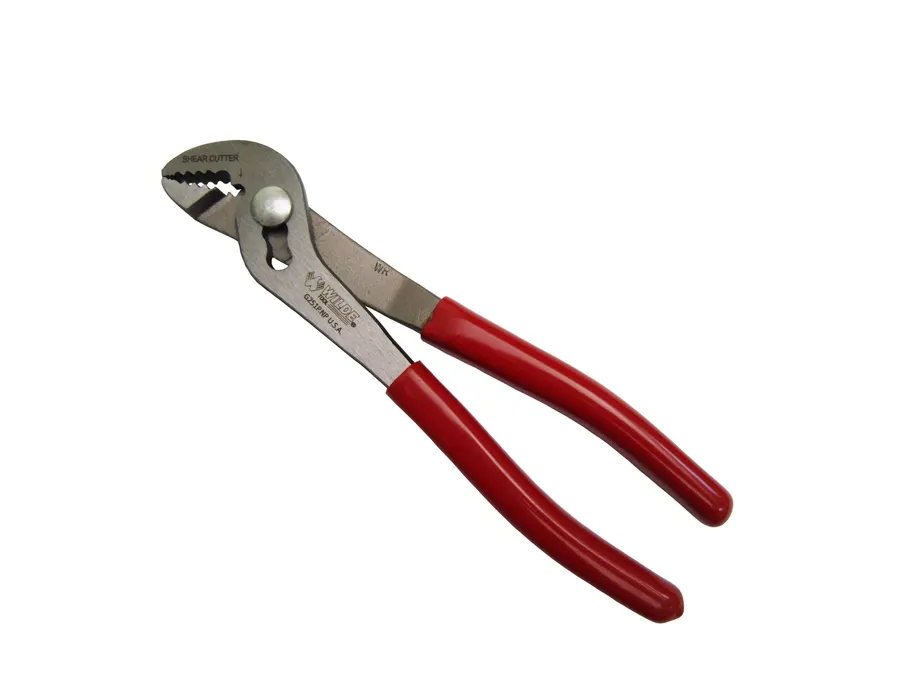 A pair of angle-nose slip-joint pliers with red vinyl handles and a polished steel head, angled against a white background.