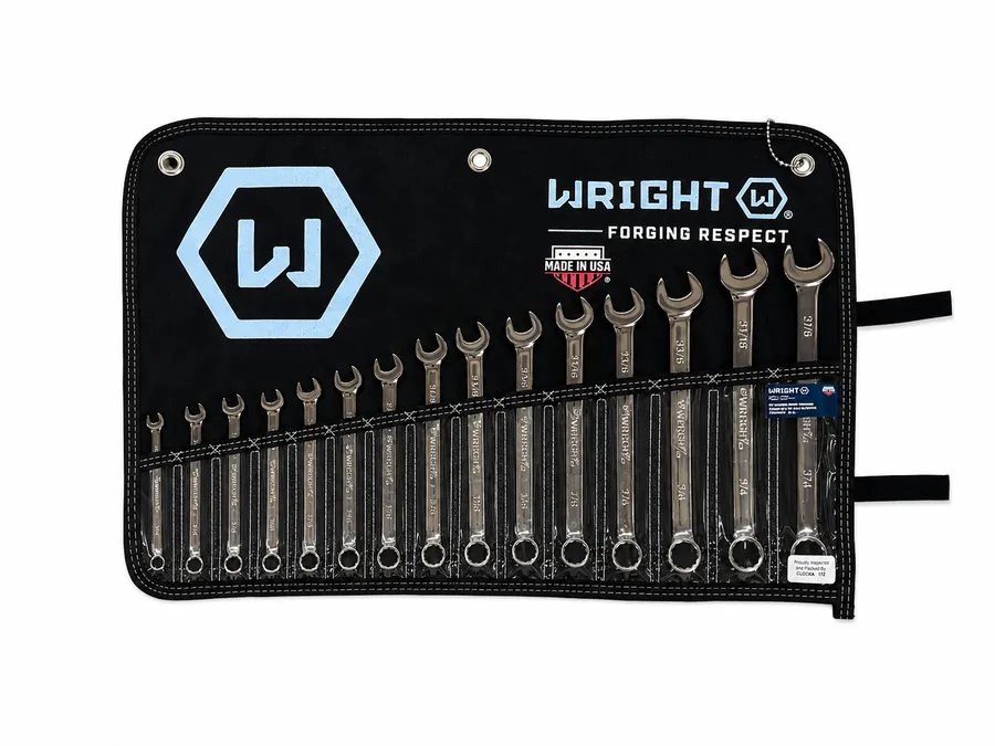 A 15-piece set of chrome metric combination wrenches fanned out in a black roll-up canvas pouch with the Wright Tool logo.