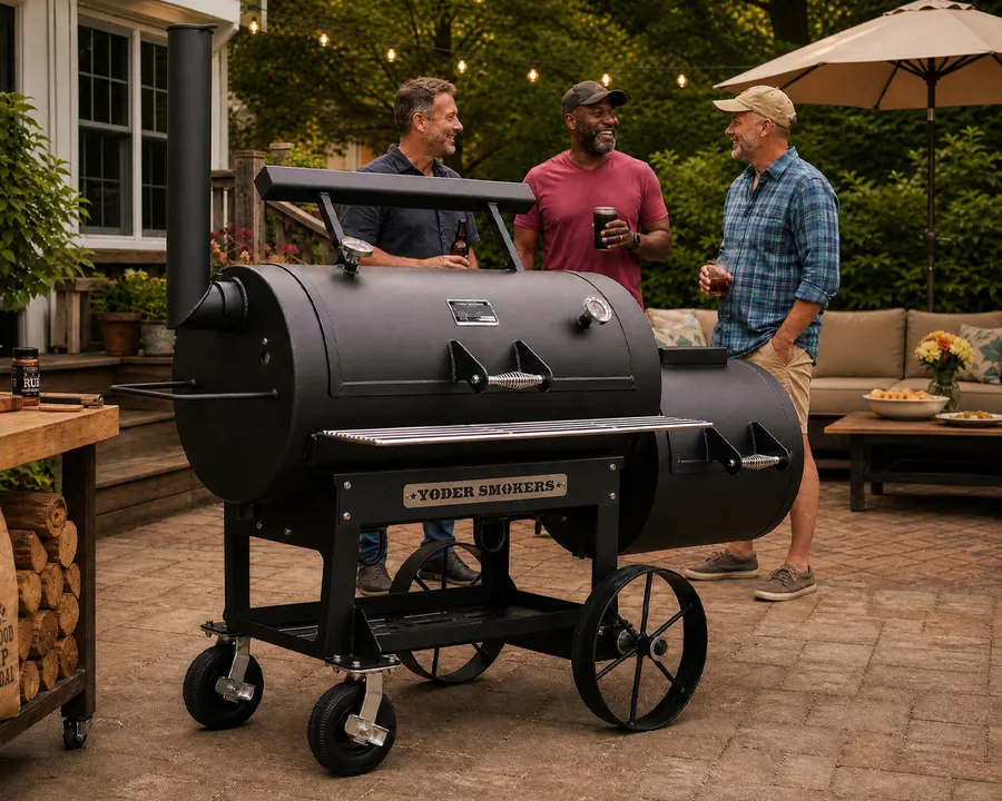 Three men stand around a large black Yoder offset barrel smoker on a backyard patio, talking and holding drinks, with string lights and a patio umbrella behind them.