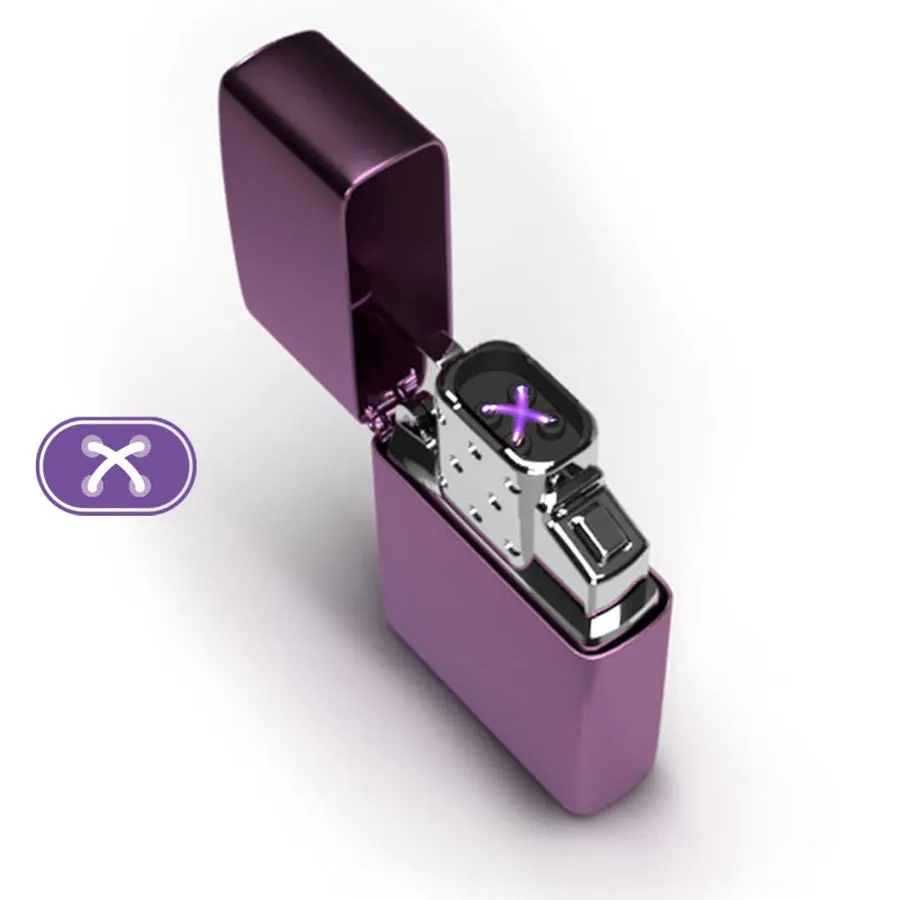 An open purple rechargeable arc lighter shown at an angle with its dual electric arc glowing violet between the contacts, on a white background.