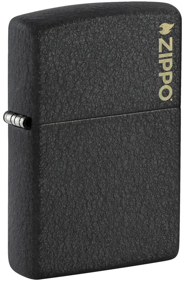 A closed rectangular black crackle-finish Zippo lighter shown at an angle with the Zippo flame logo and wordmark engraved on the lid, on a white background.